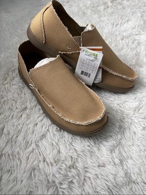 CROCS Men’s Tan Canvas Slip-On Loafers with Frayed Edges